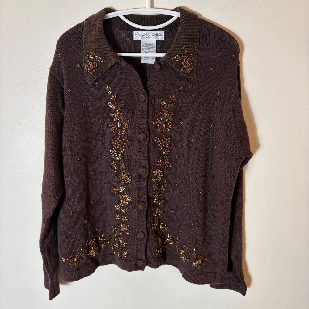 Vintage Victoria Jones Beaded Floral Button Cardigan Brown Size Petite Large